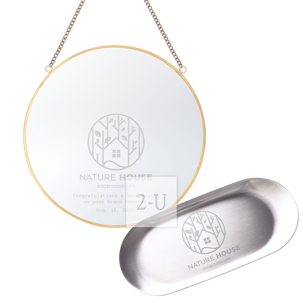 刻 Logo 的不銹鋼託碟收銀槃 ＆圓形黃銅壁掛鏡子套裝