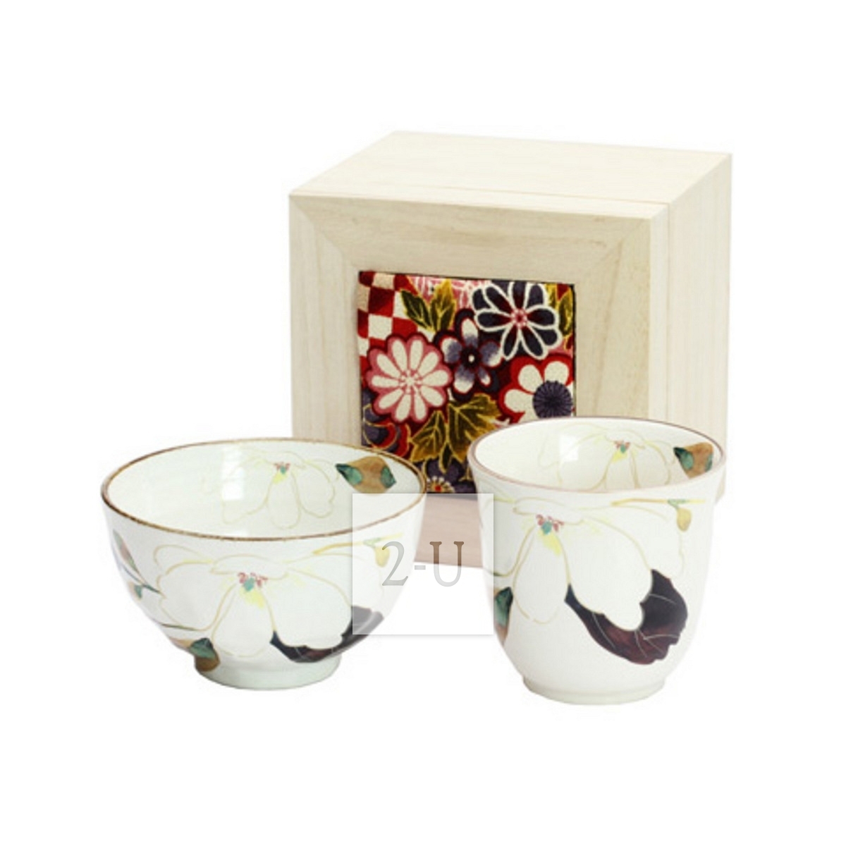 花迴廊 和藍 飯碗杯子 木蓮 (付木錦盒)