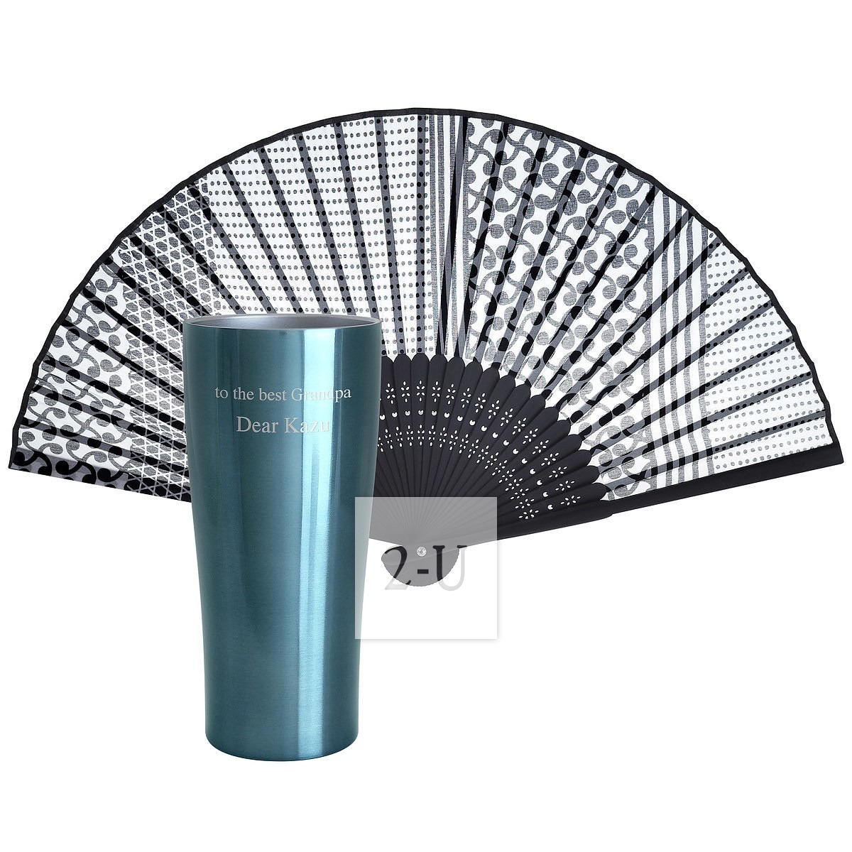 雙層真空不銹鋼水杯配絲面扇子 藍色