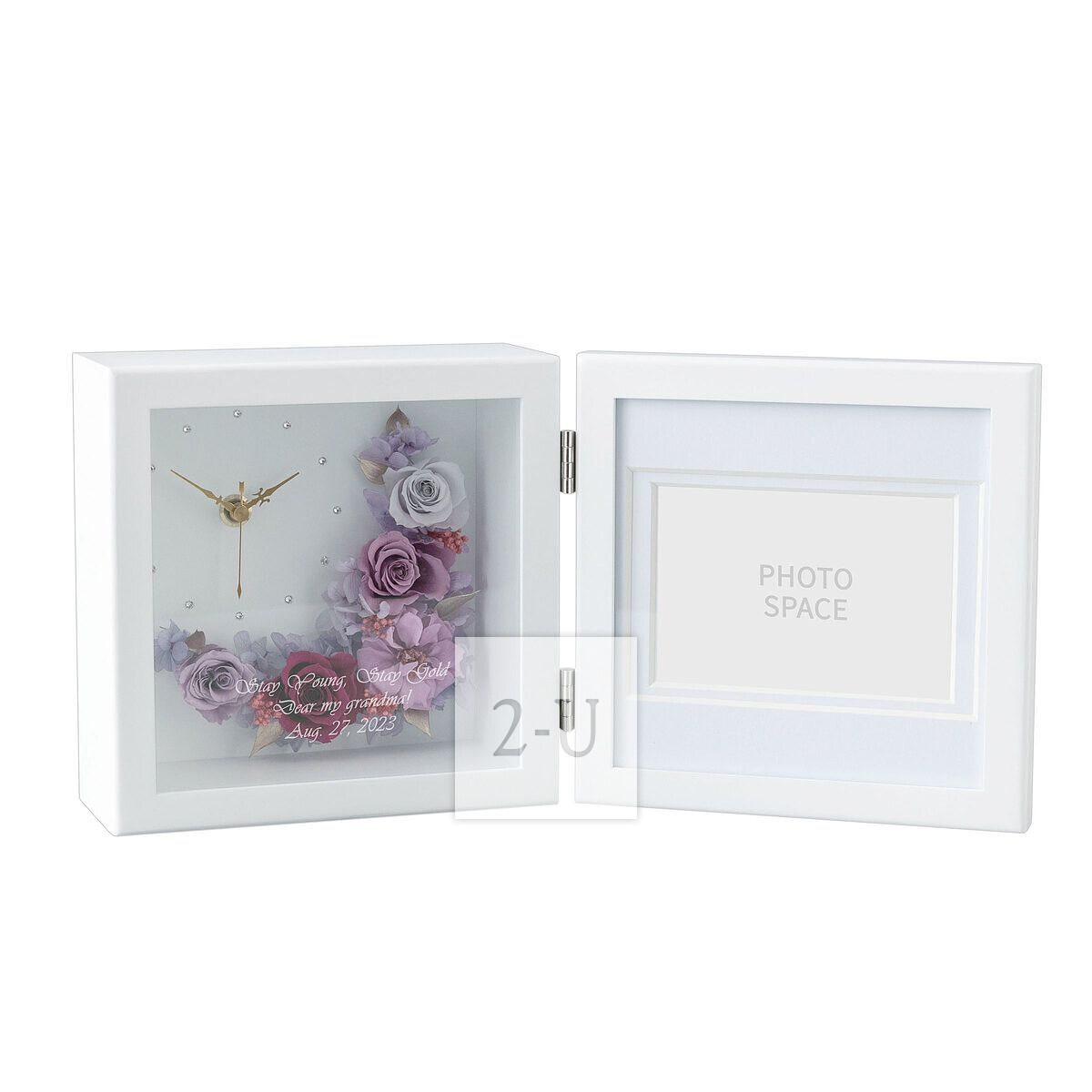 多綵玫瑰保鮮花相框相架帶時鐘 粉紫色玫瑰