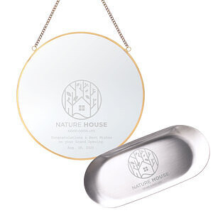 刻 Logo 的不銹鋼託碟收銀槃 ＆圓形黃銅壁掛鏡子套裝