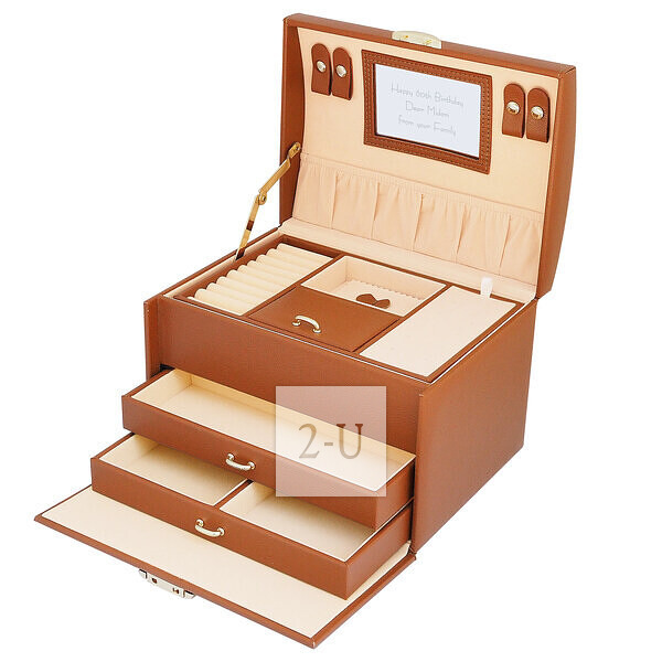多層皮革首飾盒收納盒 L 棕色