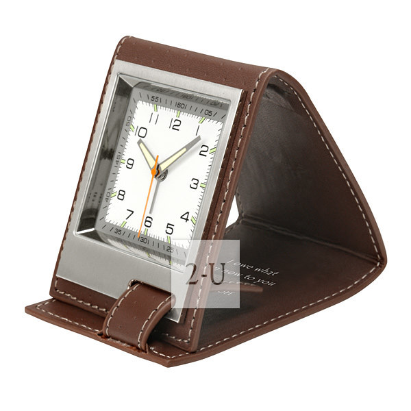 真皮套摺疊式便攜薄款小鬧鐘 棕色