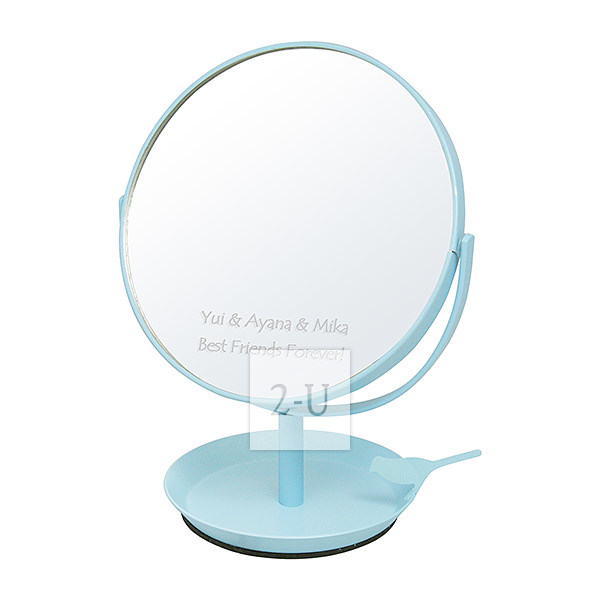 日本製圓形鏡子化妝鏡 帶小鳥首飾槃和放大鏡功能 藍色